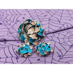 Vintage Unique Teal and Pink/Grey Brooch and Earrings Set, Unmarked
